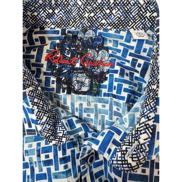 Robert Graham Weasill Geometric Print Shirt Mens Size XXL Blue White Flip Cuff - Picture 7 of 14